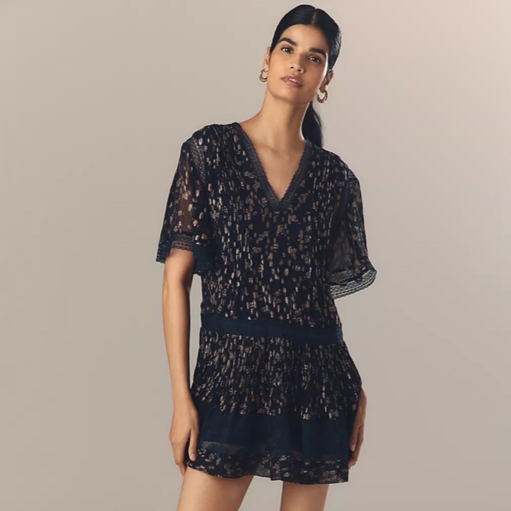 BNWT - Maeve Navy and Gold Lace Dress - Size Small